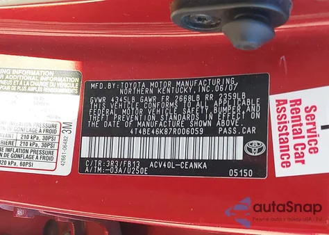 2007 Toyota Camry Le из США, поврежденный, VIN 4T4BE46K87R006059